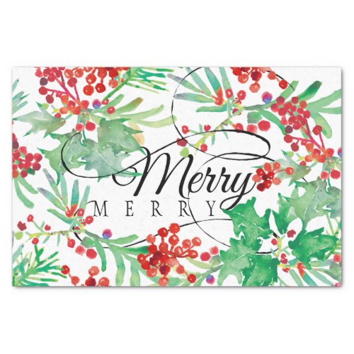 Christmas Watercolor Holly Red Green Merry Script Tissue Paper