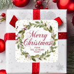 Christmas Watercolor Holly Wreath Gold Red White Square Sticker<br><div class="desc">Elegant Merry Christmas holiday greeting holly wreath stickers. Red,  white and faux gold foil colors. Personalize them by adding your name.  Perfect for cards,  invitations,  gifts,  envelopes, ... .</div>