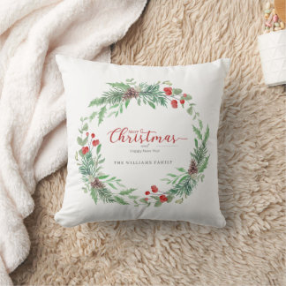 Christmas Watercolor Holly Wreath Throw Pillow