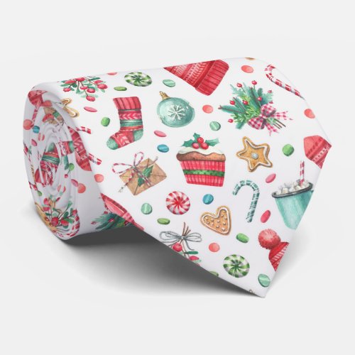 Christmas Watercolor Hot Cocoa And Sweets Neck Tie