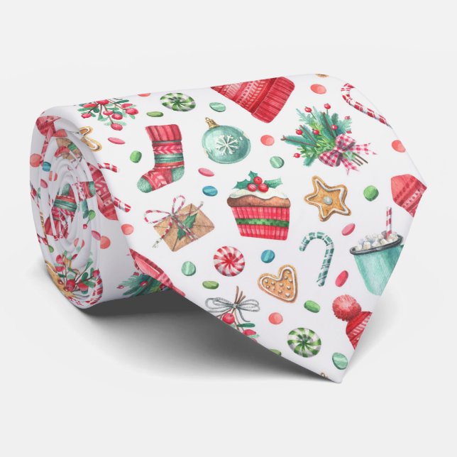 Christmas Watercolor Hot Cocoa And Sweets Neck Tie (Rolled)