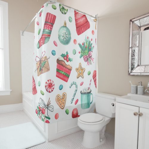Christmas Watercolor Hot Cocoa And Sweets Shower Curtain