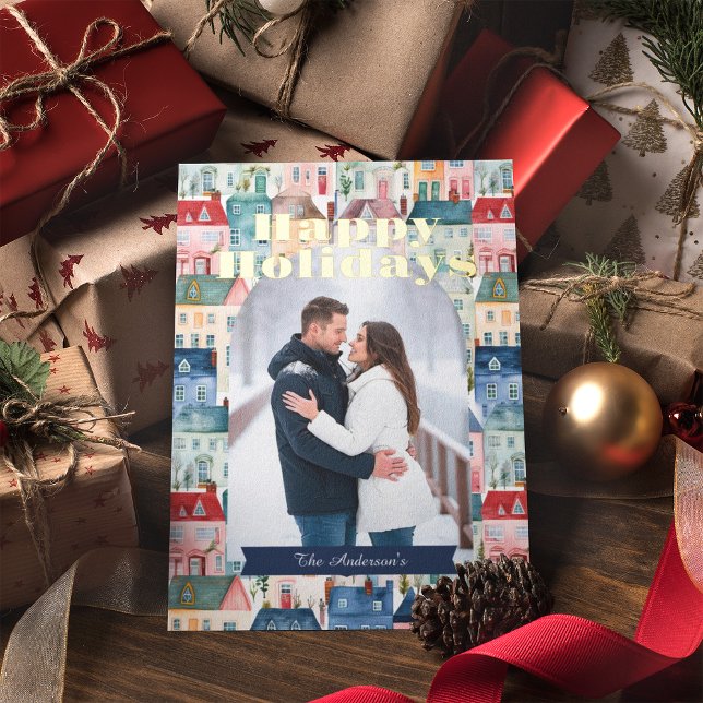 Christmas Watercolor Houses  Foil Holiday Card (Creator Uploaded)