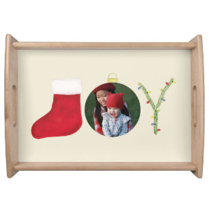 Christmas Watercolor JOY Photo Red Eggshell White Serving Tray