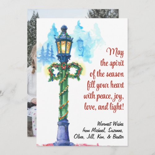 Christmas Watercolor Lamp Post Photo on Back Holiday Card