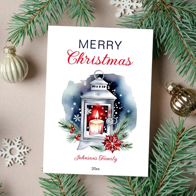 Christmas watercolor lantern poinsettia holiday card (Christmas greeting card modern watercolor template digital download lantern with candle poinsettia)