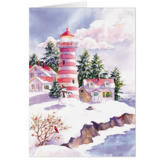 Christmas watercolor lighthouse customizable card (Front)