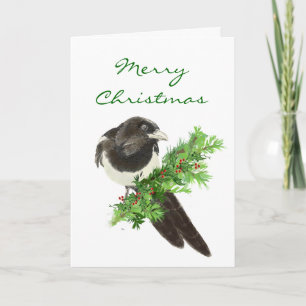 Christmas Watercolor Magpie Bird on Pine Branch Holiday Card