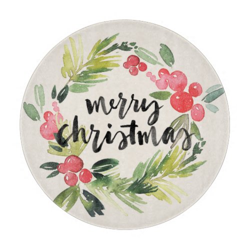 Christmas  Watercolor _ Merry Christmas Wreath Cutting Board