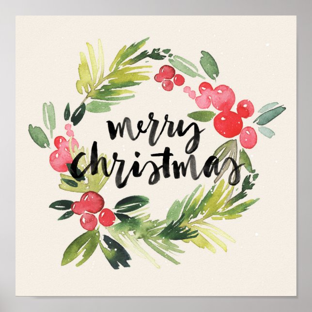 Christmas | Watercolor - Merry Christmas Wreath Poster (Front)