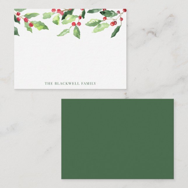 Christmas Watercolor Mistletoe Family Name Note Card (Front/Back)