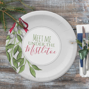 Christmas Watercolor Modern Rustic Mistletoe Gray Paper Plates
