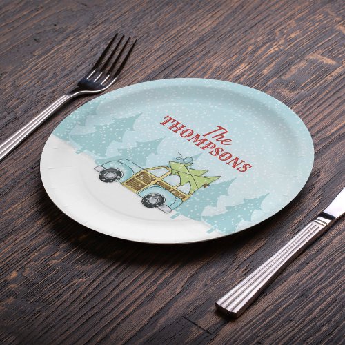 Christmas Watercolor Modern Rustic Nostalgic Car Paper Plates