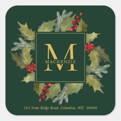 Christmas Watercolor Monogram Holly Wreath Green Square Sticker