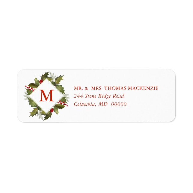 Christmas Watercolor Monogram Holly Wreath Label (Front)