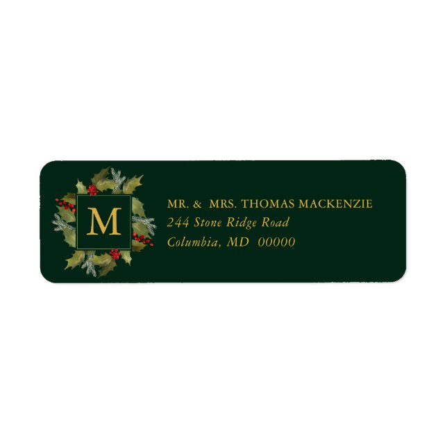 Christmas Watercolor Monogram Holly Wreath Label (Front)
