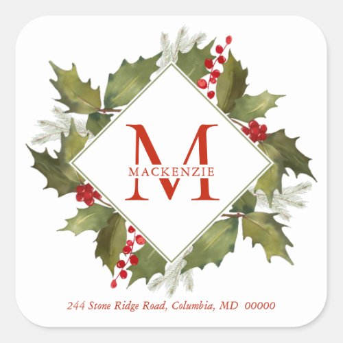 Christmas Watercolor Monogram Holly Wreath Red Square Sticker