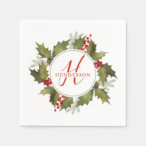 Christmas Watercolor Monogram Script Holly Wreath Napkins