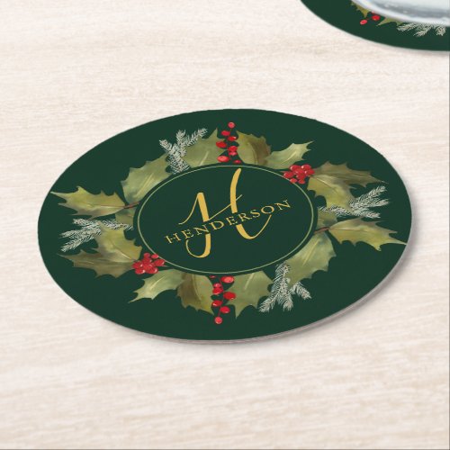Christmas Watercolor Monogram Script Holly Wreath Round Paper Coaster