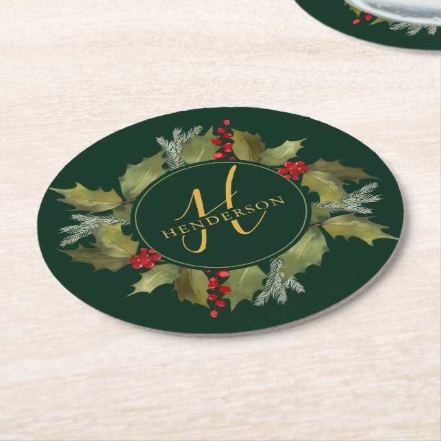 Christmas Watercolor Monogram Script Holly Wreath Round Paper Coaster (Angled)
