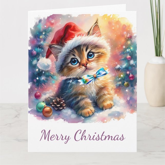 Christmas Watercolor of Precious Kitten with Bow Card (Front)