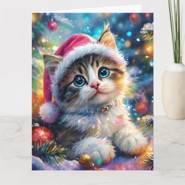 Christmas Watercolor of Sweet Kitten in Pink Hat Card (Front)