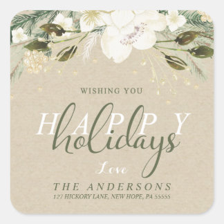 Christmas Watercolor on Kraft Return Address Square Sticker