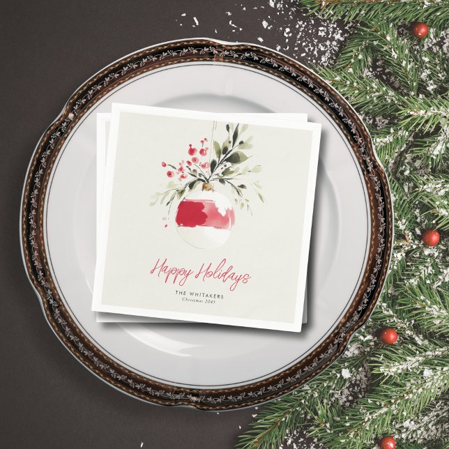 Christmas Watercolor Ornament Personalized Name Napkins (Elegant touch for Christmas dinners or parties.Customize greeting, family name, and year.)