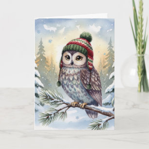 Christmas Watercolor Owl In Winter Hat Card