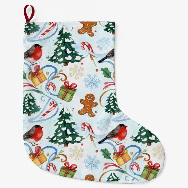 Christmas watercolor pattern  large christmas stocking (Front)