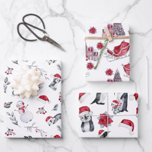 Christmas Watercolor Penguins Sleigh Tree Wrapping Paper Sheets