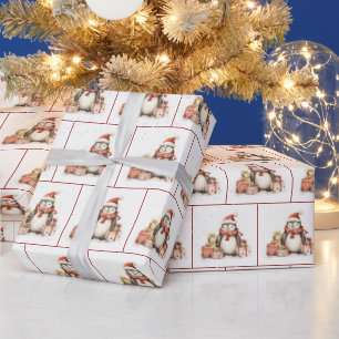 Christmas Watercolor Penguins With Gifts Wrapping Paper