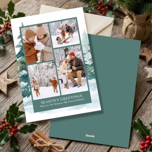 Christmas Watercolor Photo Collage Woodland Tree Holiday Card