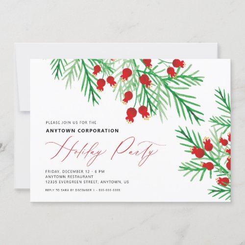 Christmas Watercolor Pine Branches Holiday Party Invitation