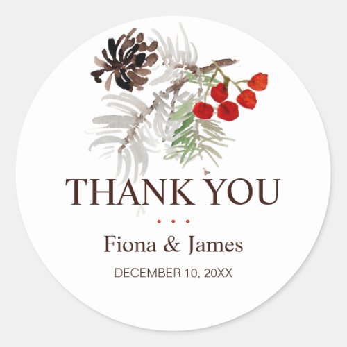 Christmas Watercolor Pine Cone Berries Thank You Classic Round Sticker