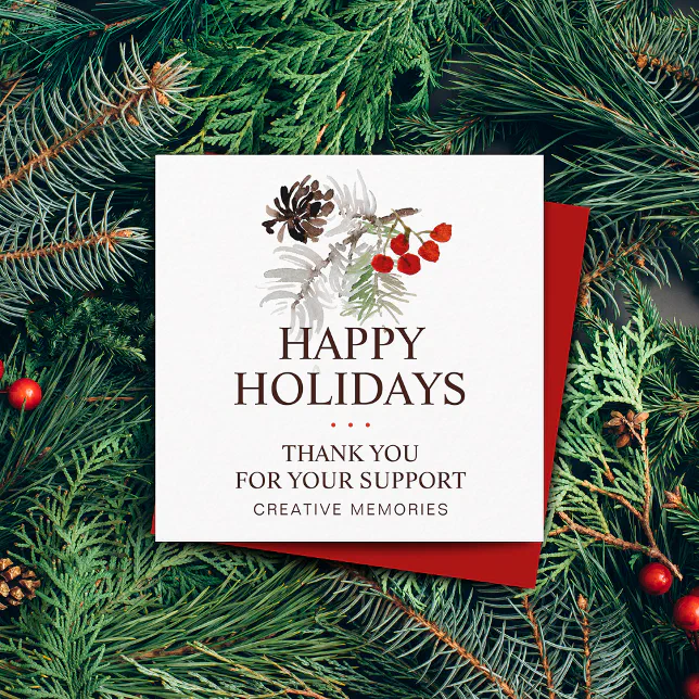 Christmas Watercolor Pine Cone Berries Thank You Square Business Card ...