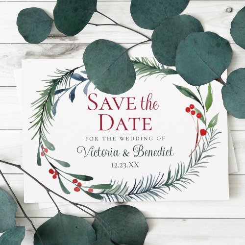 Christmas Watercolor Pine Needles Save the Date Invitation