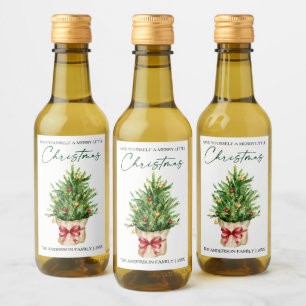 Christmas Watercolor Pine Red Bow Calligraphy Mini Wine Label