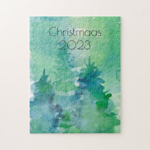 Christmas Watercolor Pine Trees Blue Green Jigsaw Puzzle