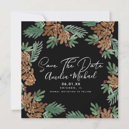 Christmas Watercolor Pinecones Black Save the Date Card