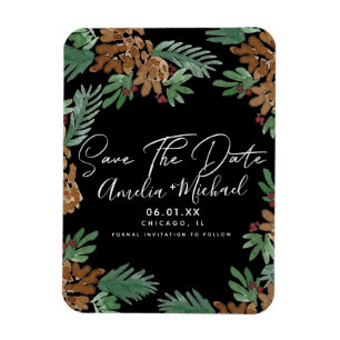 Christmas Watercolor Pinecones Black Save the Date Magnet