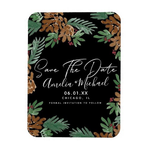Christmas Watercolor Pinecones Black Save the Date Magnet