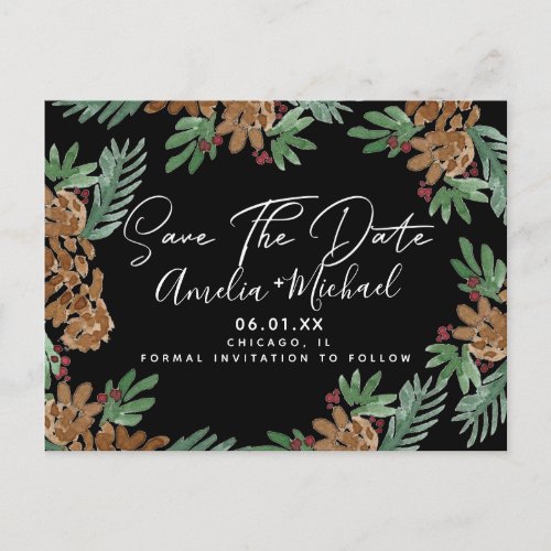 Christmas Watercolor Pinecones Black Save the Date Postcard