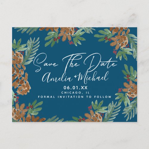 Christmas Watercolor Pinecones Save the Date Postcard