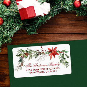 Christmas Watercolor Pines Red Poinsettia Label