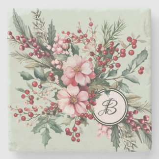 Christmas Watercolor Pink Floral Berries Stone Coa Stone Coaster