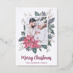 Christmas watercolor poinsettia botanical letterpress photo cards