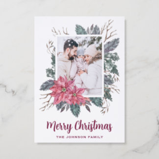 Christmas watercolor poinsettia botanical letterpress photo cards