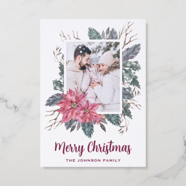 Christmas watercolor poinsettia botanical letterpress photo cards (Front)