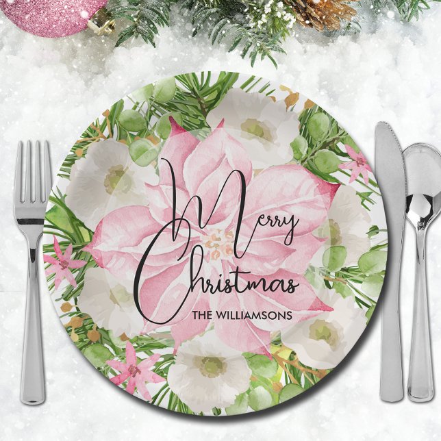 Christmas Watercolor Poinsettia Floral  Paper Plates (Pink poinsettia and winter flowers Merry Christmas paper plates)